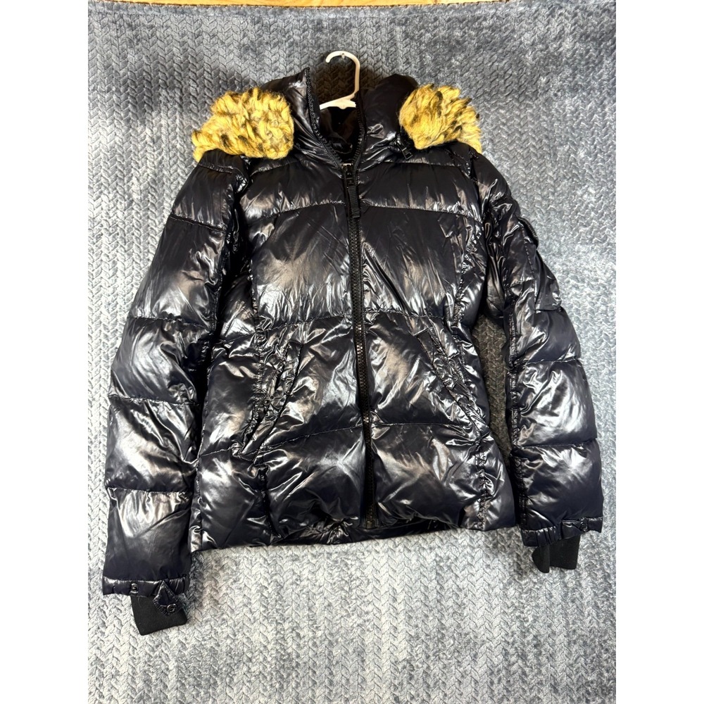 S13 New York Puffer Jacket Womens Large Black Down Faux Fur Hood Winter Outdoor